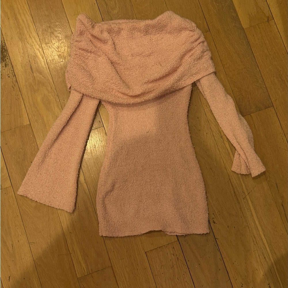 Off-Shoulder Cozy Knit Sweater Dress in Blush Pink